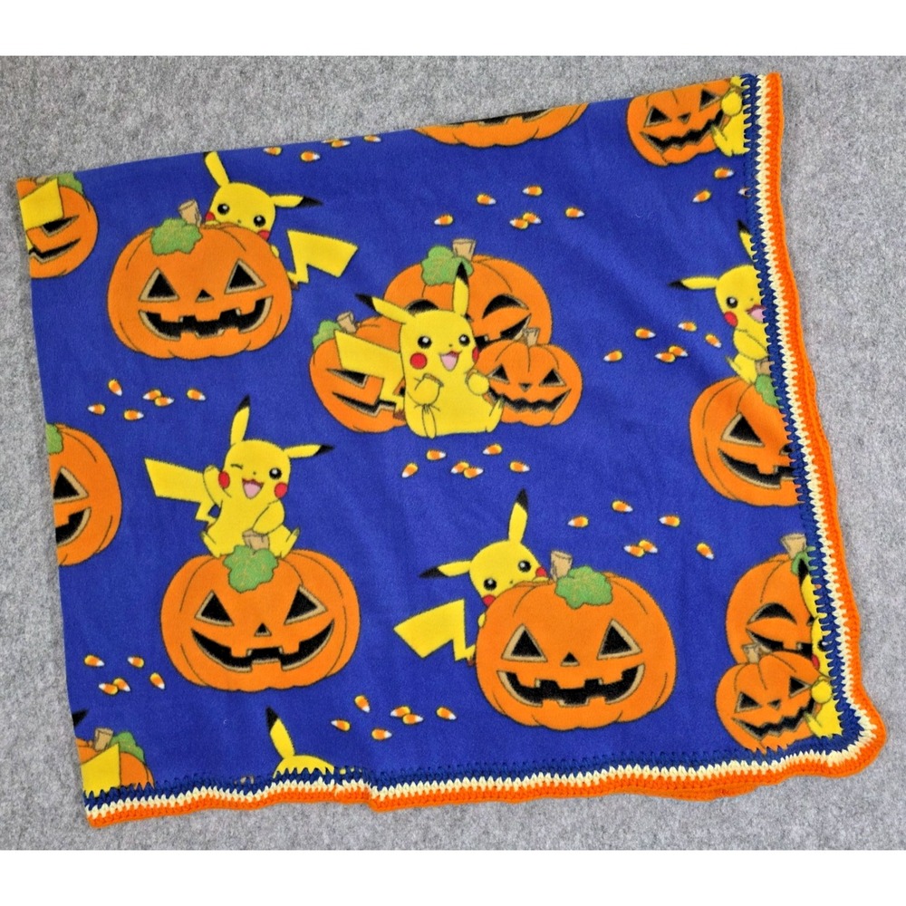 Pokemon Pikachu Handmade‎ Fleece Blanket Crochet Trim Throw Halloween 50" X 60"